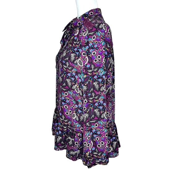 Maeve Janie Purple Floral Leaf Print Peasant Boho Ruffle Hem Blouse - Picture 4 of 11
